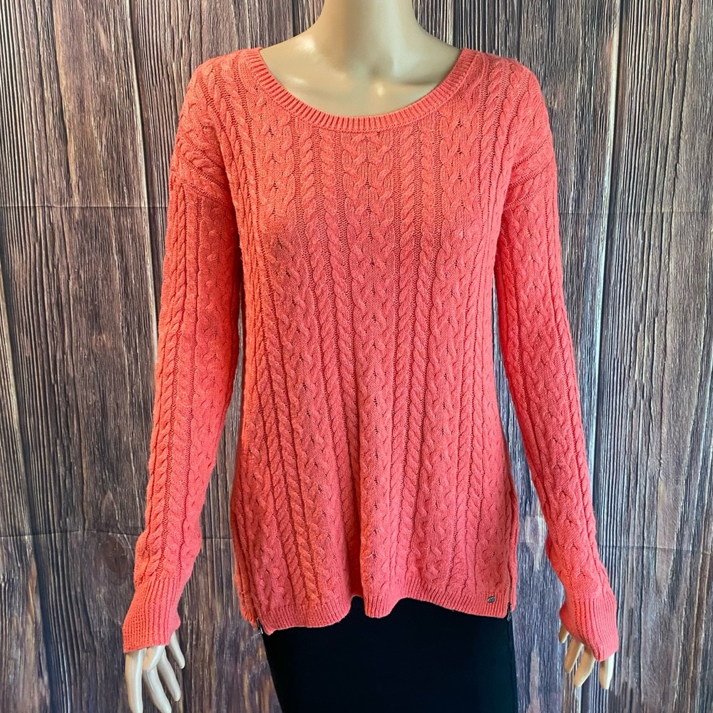 American Eagle Outfitters size large salmon pink knit braided boho sweater - Picture 2 of 16